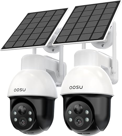 AOSU 3K/5MP Solar Security Cameras System Wireless Outdoor, Battery Powered WiFi Camera for Home Security, Panoramic PTZ, Auto Tracking, Human/Vehicle Detection, Color Night Vision (2 Pack)